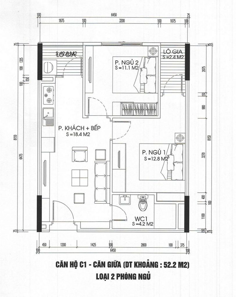 thiết kế căn hộ 2 phòng ngủ 52m2 ct3 - ct4 kim chung 