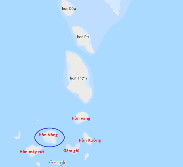 Vị trí đảo hòn Vông phía nam đảo Phú Quốc